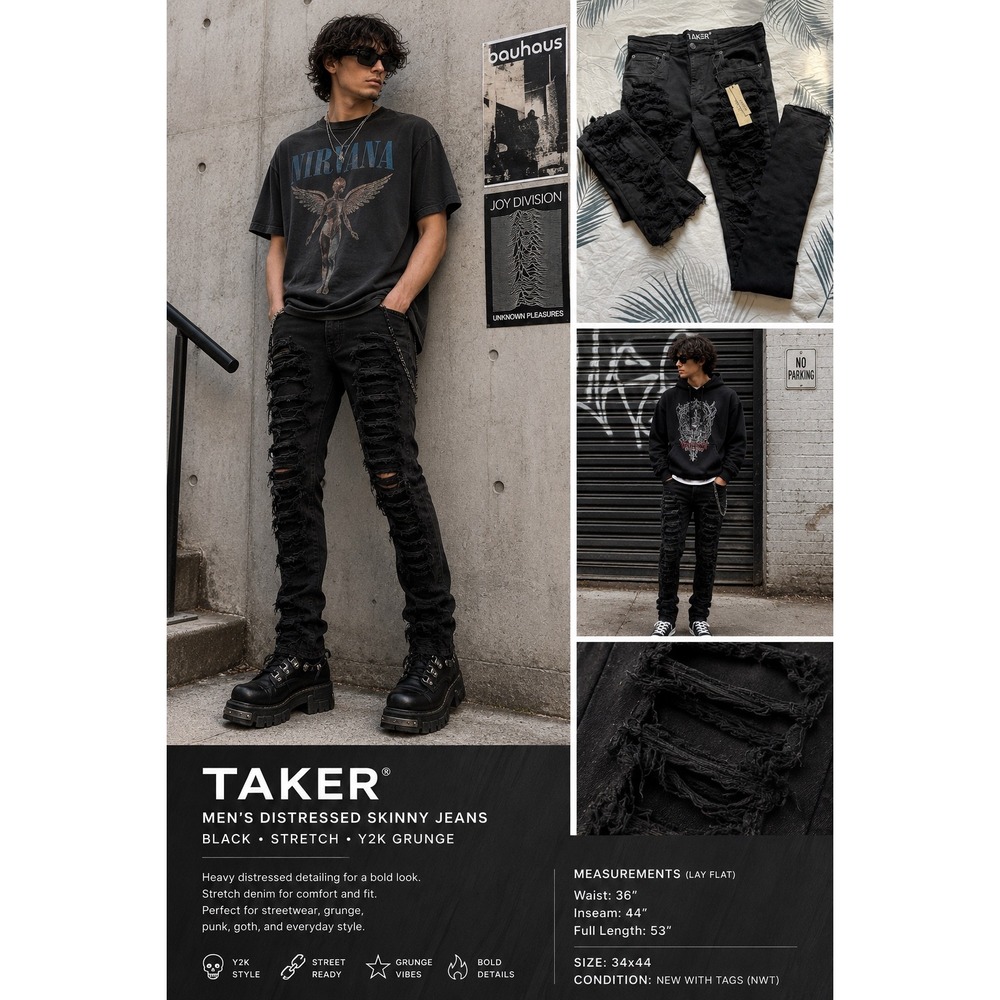 TAKER Men's Black Distressed Skinny Jeans 34x44 Stretch Ripped Grunge Goth Punk